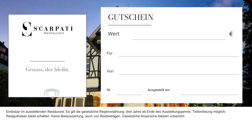 Scarpati: Gutschein mit handschriftlichem Wertfeld mit neuer Bildgestaltung und langen Namenszeilen.