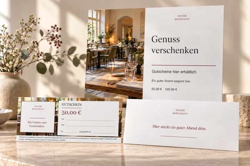 Illustratives Gutscheinpaket nach dem Gastromotiv-Drucklayout mit Gutschein, weißem Kuvert und A4-Aushangplakat im Querformat. Je Gutscheinauftrag sind drei Plakate enthalten.