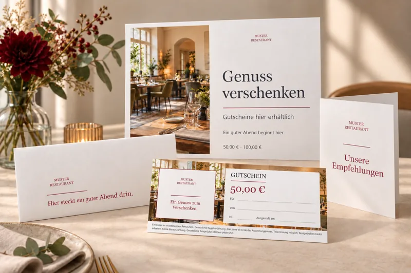 Illustratives Gutscheinpaket mit einem Gutschein nach dem tatsächlichen Gastromotiv-Drucklayout, einem sparsam bedruckten weißen Kuvert, A4-Querformat-Plakat und vierseitigem Tischaufsteller.