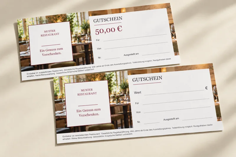 Illustrative Gutscheine nach dem tatsächlichen Gastromotiv-Drucklayout: fester Gutscheinwert oder offenes Wertfeld, getrennte Marken- und Schreibbereiche, lange Namenszeilen und Pflichttext am unteren Rand.