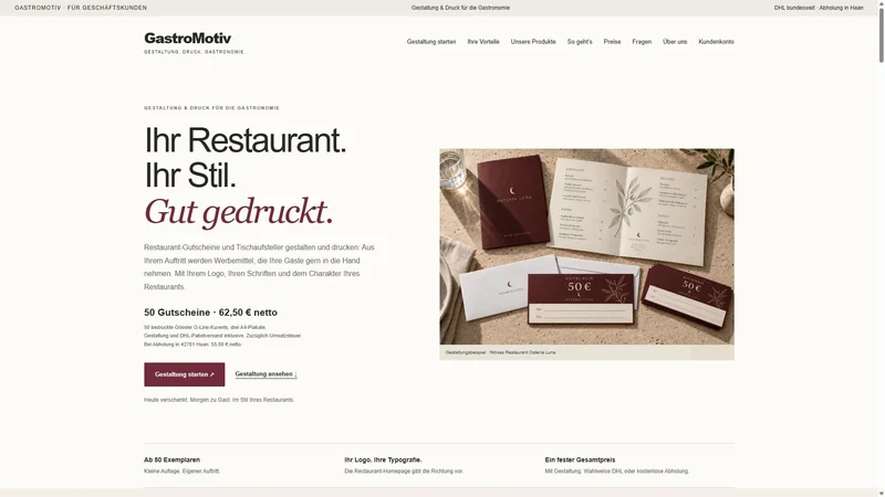 Desktopansicht der Gastromotiv-Startseite. Das Produktmotiv zeigt ein illustratives Gestaltungsmuster für ein fiktives Restaurant.