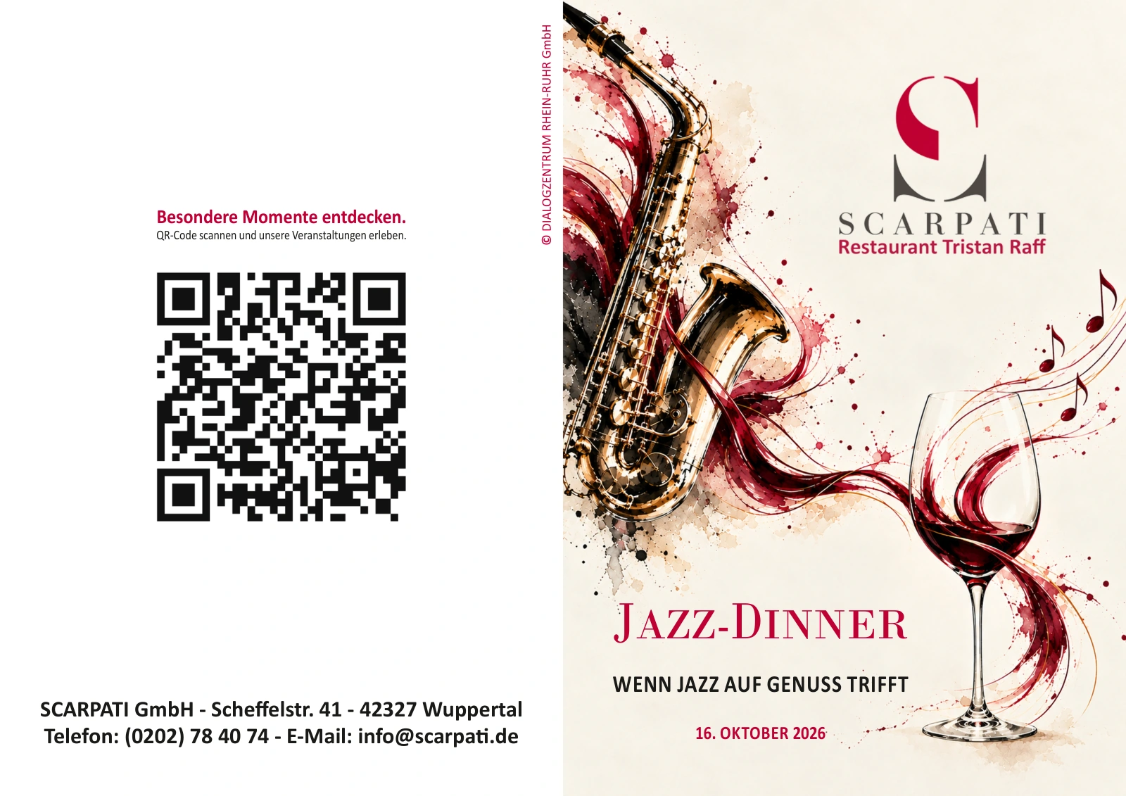 Original-Menükarte für das Scarpati Jazz-Dinner mit Saxophon und Weinglas