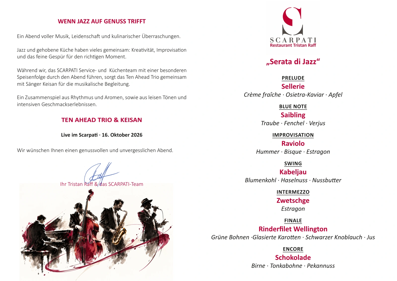 Scarpati Jazz-Dinner: Innenseite mit Begrüßung und Jazzband links sowie dem Menü Serata di Jazz rechts