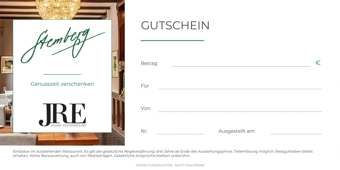 Haus Stemberg Gutscheinvorderseite mit Original-Logo, JRE-Logo und Restaurantfoto